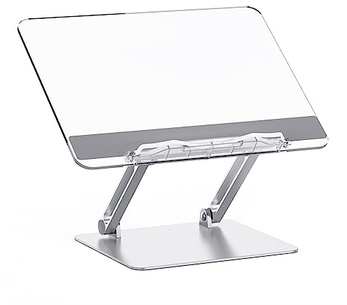 Buchständer, Aluminium und Acryl Kochbuch Schreibtisch Leseständer, Verstellbar & Faltbar Buchhalter, auch kompatibel mit Laptops und Tablets