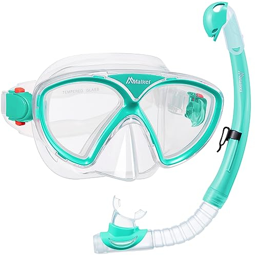 Malker Schnorchelset Kinder Taucherbrille Dry Schnorchel Schnorcheln Set mit Gehärtetem Glas Anti-Leck Anti-Fog Tauchmasken ür Kinder Jungen Mädchen Wassergrün