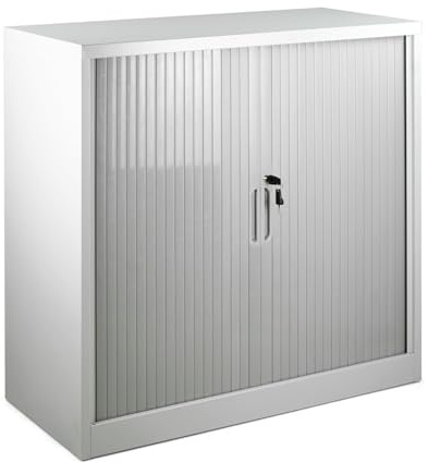 Brigros - Armadietto Metallo Scaffale Con Ante Scorrevoli, Armadio Salvaspazio Per Ufficio O Archivio, Armadio Con Serranda In Acciaio Con Serratura (100x45x102, Grigio)