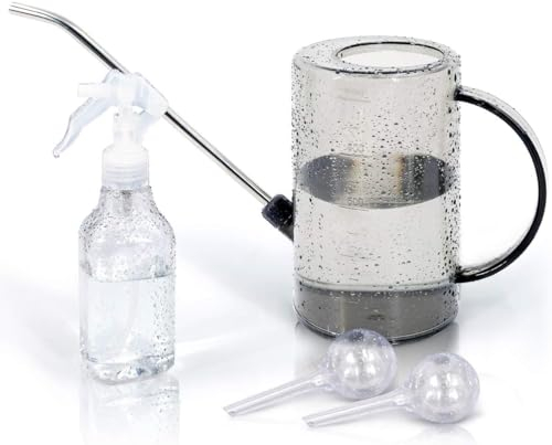 HEKOBAG Plant Watering Can Indoor, 1L Garden Watering Can with Stainless Steel Long Spout, 1 Fine Mist Spray Bottle & 2 Automatic Watering Globes for House Plants, Flowers, Succulents, Bonsai