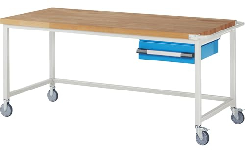 eurokraft | Fahrbare Werkbank Serie 8000 | Gestellbauweise | 1 Hängeschublade | BxT 2000 x 900 mm