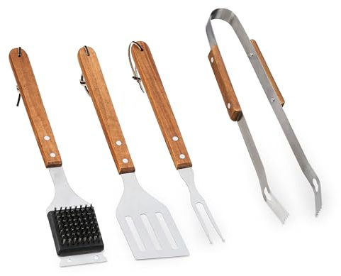 Relaxdays Barbecue, Lot de 4 ustensiles (spatule, Fourchette, Pince et Brosse), Acier INOX et Bois d’Acacia, argenté et Marron