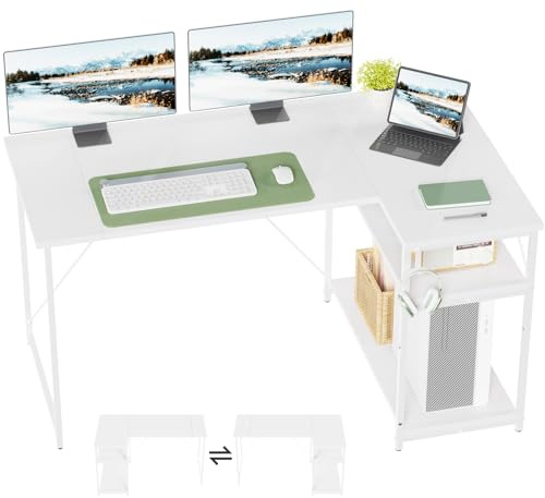 TRIUMPHKEY Escritorio Esquinero en L de 140x80 cm con Almacenamiento, Escritorio de Esquina con Estante Reversible, Estable Mesa Ordenador en L para Oficina, Estudio o Secretaría, Blanco