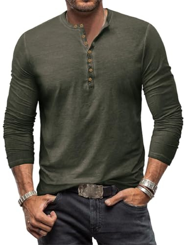 ORANDESIGNE Henley T-Shirts à Manches Longues Homme Bouton Été Causal Slim Fit Col Tunisien Tee Shirt Casual Chemises A Armée Verte M