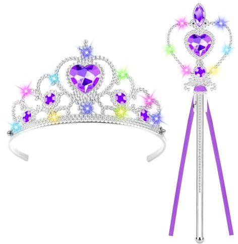 AOOTE Leuchtend Prinzessin Tiara Krone und Zauberstab, Princess Dress Up Zubehör mit LED Krone und Zauberstab, Prinzessin Krones und Zepter Set für Geburtstag Party, Cosplay,Fasching Party (Lila)