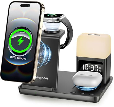 Augnner 6 in 1 Upgrated Wireless Charging Station for iPhone with Alarm Clock & 3-Color Light, Fast Charger Station for iPhone 16/15/14/13/12 Series, Compatible with Apple Watch 1-10 Airpods 4/3/2/Pro