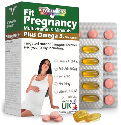 VITAGENERICS FitPregnancy Multivitamin & Minerals Plus Omega 3 | 30 Tablets Plus 30 Capsules | with 600µg Folic Acid, Iron, Zinc, B Vitamins & More. UK Made for Pregnant Women