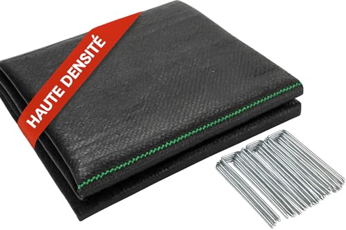 NOLK - Lona de pajillaje antimalezas para jardín, lona geotextil muy resistente, 100 g/m², protección del suelo (2 x 25 m), con 30 estacas de fijación de acero galvanizado