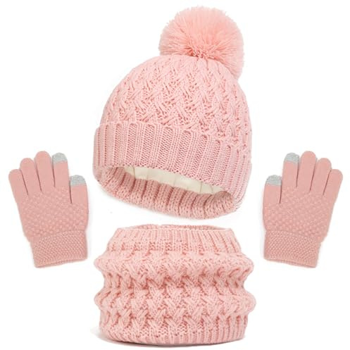 Gorro de invierno para niños, guantes y bufandas, conjunto de sombreros con pompón de punto, calentador de cuello, polaina, manoplas, juego de forro polar, Rosa., 1-6 años