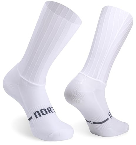 NORTEI Calzini Ciclismo Aero Bianche, Polsino Alto in Silicone Compressivo, Anti-Vescica e Traspiranti, Calzino da Allenamento e Competizione su Strada e MTB Estive (IT, Testo, M, Regular, Regular)