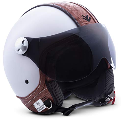 ARMOR HELMETS® AV-84 „Vintage Deluxe White“ · Jet-Helm · Motorrad-Helm Roller-Helm Scooter-Helm Moped Mofa-Helm Chopper Retro Vespa Vintage · ECE 22.05 Visier Schnellverschluss Tasche XS (53-54cm)