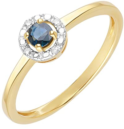 Ivy Gems 9ct Yellow Gold Round Cut Midnight Blue Sapphire & Diamond Solitaire Halo Ring - Size N