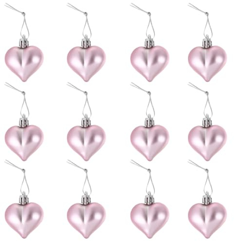 LIOOBO 12 Stück Herzform Weihnachtsdekoration hängende Weihnachtskugeln kreative Plastikweihnachts Anhänger hängende Verzierung (Rosa)
