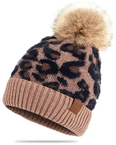C.C Exclusives Soft Beanie hat with Leopard Pattern and Fur Pom, a Rubber Band Included (HAT-2061) (Mocha)