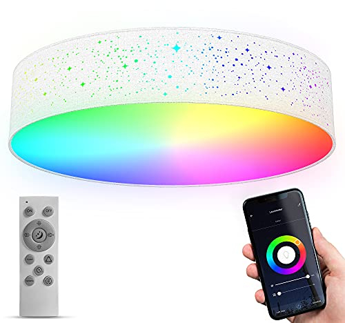 B.K.Licht - Smart Home LED Deckenlampe mit App- und Sprachsteuerung, einstellbar von warmweiß bis kaltweiß, buntes RGB Licht, Lampe,LED Deckenleuchte, Wohnzimmerlampe, 49x12 cm, Weiß