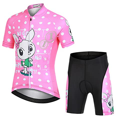 Amur Leopard barn cykeltröja set pojkar flickor (kortärmad tröja och korta cykelbyxor med 3D-sittdyna), ventilerande cykelsportkläder, kaniner rosa, 146 (tillverkarens storlek: XXL)