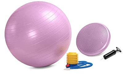 Exercise Ball (25.6 inch) & Wobble Cushion (13 inch) by C4B | With Air Pump | Balance Cushion with Dimples, Fitness Ball | Back Muscle Training, Yoga, Gymnatics, Core Muscle, To Strengthen Your Back