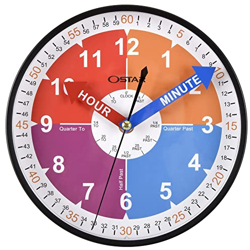 OSTAR Telling Time Teaching Wall Clock, Analog Silent Learning Clock for Kids Room Decor Battery Operated