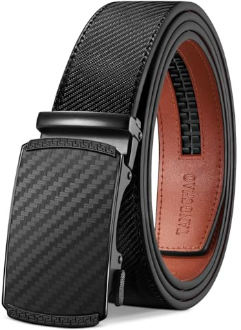 TANGCHAO Cinturón Hombre Cuero, Cinturon con Hebilla Automática Cinturones de Trinquete 35mm de Ancho Tamaño Ajustable para Pantalones Formales Vestir Traje Fibra de carbono Negra 125