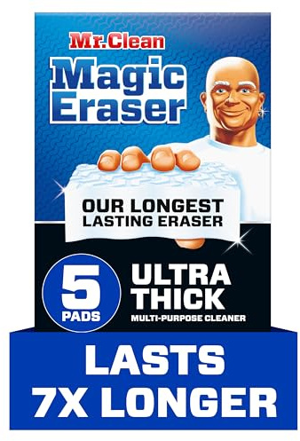 Mr. Clean Magic Eraser Sponge, All Purpose Cleaner, Long Lasting Cleaning Scrubber, Wall Cleaner, Sneaker Cleaner, Oven Cleaner, Kitchen, Bathroom, Shower Cleaning Supplies, Ultra Thick, 5ct