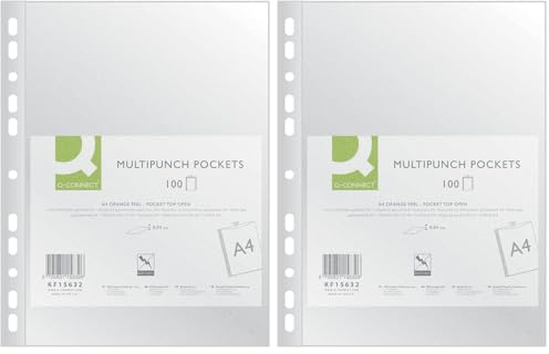 Q-Connect KF15632 Fundas para folletos/fundas transparentes granuladas A4-100 unidades/granulado superior abierto, fundas transparentes de plástico perforado/transparente 40 micras (Paquete de 2)