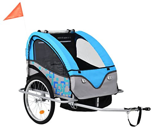 AUVYI Fahrradanhänger Lastenanhänger Kinderanhänger Jogger Fahrrad 2 in 1 Joggerfunktion mit 5-Punkt Sicherheitsgurt für 1 Bis 2 Kinder Geeignet Robuste und Langlebige Blau und Grau 113x85x105 cm