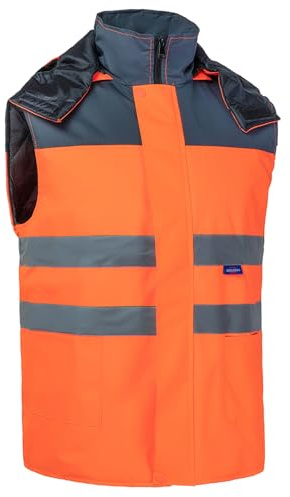 Oralidera Homme Gilet de Travail à Bandes Réfléchissantes Rembourré Manteau de Travail Réfléchissant sans Manches Haute Visibilité Gilet d'Hiver Chaud avec Capuche, Orange+Gris, L