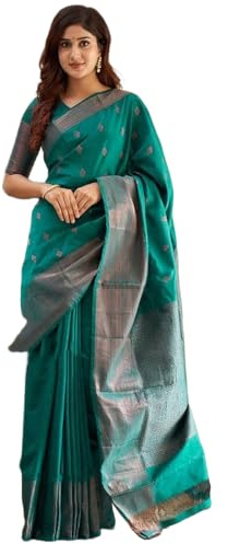 Yashika Sari da donna Banarasi Kanjivaram in cotone seta jacquard stampato con camicetta non cucita materiale – adatto per tutte le occasioni e festival indiani, Verde, taglia unica