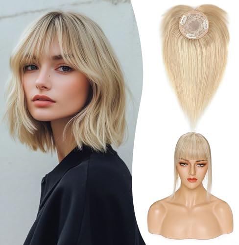 S-noilite Topper für Frauen Echthaar mit Pony 150% Dichte Toupet Haarteil Echthaar Damen Haarverdichtung für Dünnes Haar Mono Basis 25cm - 32g #18/613 Light Aschblond/Weißblond)