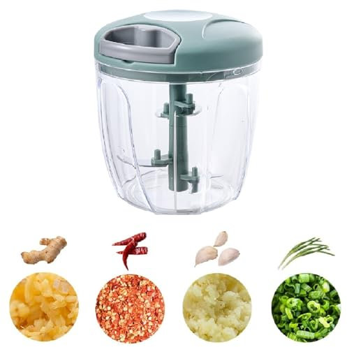 Picador de Verduras Con Cuerda, Trituradora de Alimentos Manual 900 ml, Cortador Con 5 Cuchillas de Acero Inoxidable para Verduras, Cebollas, Ajos - Verde