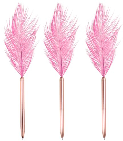 PATIKIL Fjäder kulspetspenna, 3 st fluffig vintage fjäder fjäderfjäderfjäderspetspenna raffinerad pläterad stav bröllop signaturpennor för kontor bröllopsfest födelsedag, rosa/rosa gyllene