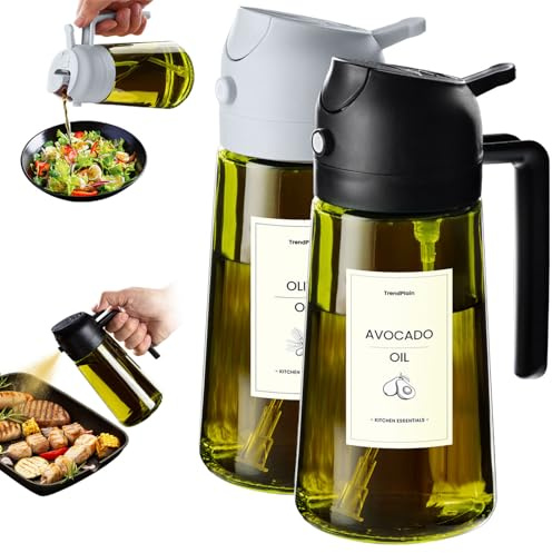 TrendPlain Oljesprayflaska för Airfryer 470ml, 2-i-1 Oliedispenser, Oljespray för Kök, Sallad och Vinäger, BPA-fri Kökstillbehör (Två stycken, Svart/Aska - 1)
