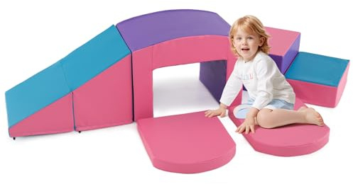 DREAMADE 6 PCS Module Motricité Bébé, Blocs de Construction en Mousse pour Enfant avec Housse en Cuir Étanche et Fermetures Auto-agrippantes, Parcours de Motricité Bébé pour 1+ Ans (Rose-Bleu)