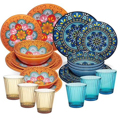 Service de table en mélamine Toscane pastel pour 6 personnes – 24 pièces – Aspect mandala avec verres assortis 360 ml en acrylique Vaisselle de camping caravane camping