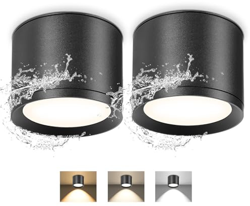 GeyouLux 3CCT LED badrumspotlight IP44, 7 W 800 LM takspotlights, Ø84 x 65 mm, 3 000/4 500/6 500K, badrumspotlight, rund aluminium, svart LED-spotlight, 2 st