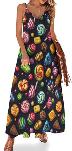 TZTTZT Robe d'été longue et décontractée à bretelles spaghetti pour femme avec imprimé bonbon coloré, Multicolore, XXL