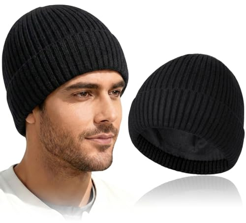 TSKNOMO Dicke Strickmütze mit Fleecefutter für Damen & Herren – Warme Wintermütze, Weiche Thermo-Beanie mit Umschlag für kaltes Wetter, Outdoor, Skifahren & Alltag