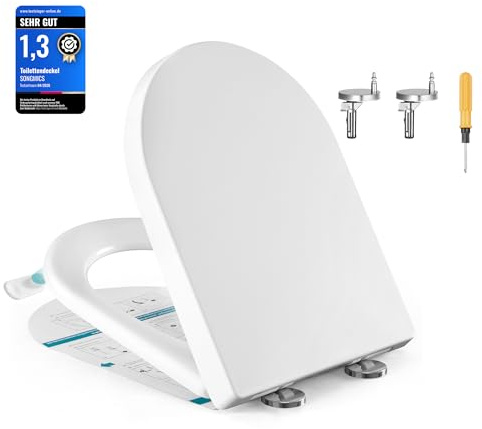 SONGMICS Elongated D-Shaped Toilet Seat, Soft-Close WC Seat and Lid with Handle, Quick-Release, Easy to Install, PP Plastic, Supports up to 300 kg, White BTL003WZ01