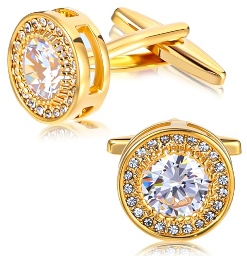 QFGasre Cufflinks for Men Cuff Links Diamond Crystal Cuff Mens Personalized Classic Round Cufflink Sparkle Diamond Gold Ornate Cufflinks for Wedding Groom Husband Christmas Gifts