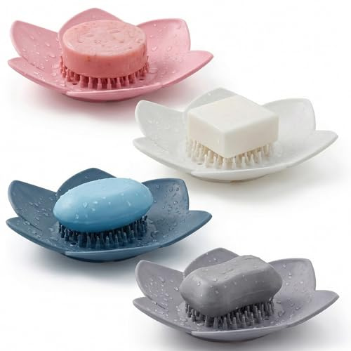 4 Pack Lotus Shower Steamer Trays, Silicone Soap Holder with Self Draining - Elegant Mixed Colors Lotus Flower Shape Soap Dish, Perfect for Bathroom Counter, Kitchen Sink, Shower Organizer