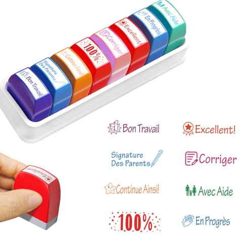 Nzkeuf Lot de 8 Tampons Enseignants Français, Tampons Auto-Encreurs avec Boîte de Rangement, Tampons de Récompense & d’Évaluation pour Enfants, Idée Cadeau pour Professeurs & Maternelle