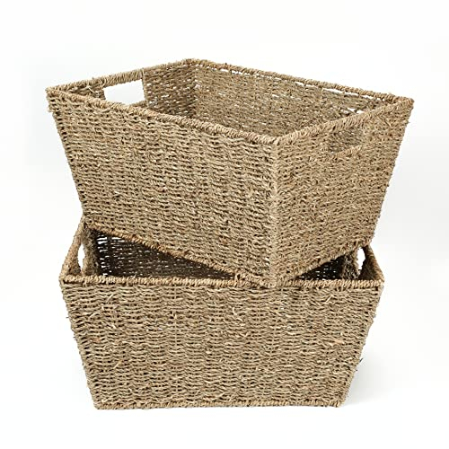 Woodluv Seagrass Storage Basket, Set of 2 Floor Basket/Hamper Basket, Bathroom Storage Baskets for Shelves - Natural Wicker Seagrass Baskets for Storage w/Handles for Bedroom Home
