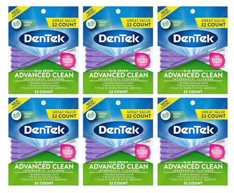 DenTek Advanced Clean Slim Brush Interdental Cleaners, Extra Tight Between Teeth Brushes, Plaque Removal, Dental Picks for Oral Care, Fresh Mint Mouthwash Blast, 32 Count (Pack of 6)