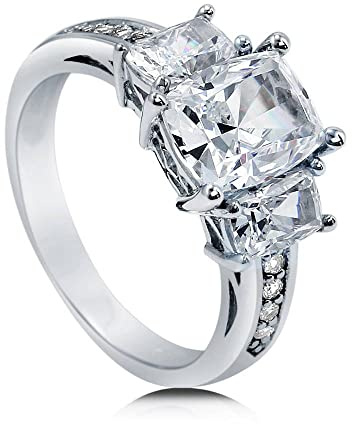 BERRICLE Sterling Silver 3-Stone Wedding Engagement Rings for Women, 2.6 Carat Cushion Cut Cubic Zirconia CZ Ring