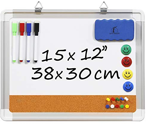 Kit Lavagna Magnetica – Lavagnetta Bianca Cancellabile con Sughero 38x30cm + 1 Cancellino Magnetico, 4 Pennarelli Cancellabili, 4 Magneti e 10 Puntine - Bacheca Bianca da Parete