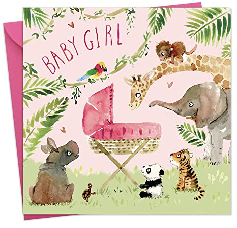 Twizler Carte de naissance pour fille avec berceau rose et animaux de la jungle – Carte de naissance pour fille – Essentiels pour nouveau-né – Carte de félicitations