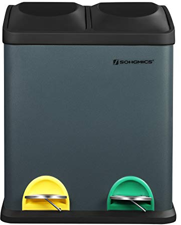 SONGMICS LTB30G Poubelle de tri sélectif 30 l 2 x 15 l Poubelle à pédale avec seau intérieur, pédales colorées, système de tri sélectif pour la cuisine, gris fumé/noir