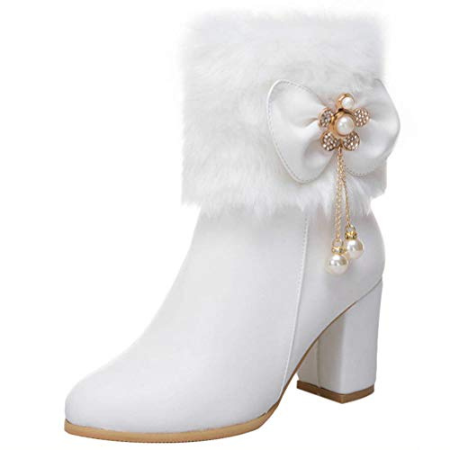 Birdsight Bottine Femme Fourrure Courtes Hiver Botte Mi-Mollet avec Noeud Talon Haut Bloc Carrés Zip Chaussures Eclair Chaud Winter Bootie Sexy Chunky Heels(Blanc,39)