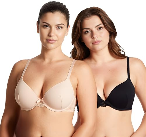 Curve Muse Donne Taglia Grossa Flessioni Aggiungi 1 Reggiseno con Ferretto Forma Perfetta Tshirt-Confezione da 2-Nero,Nudo-2C
