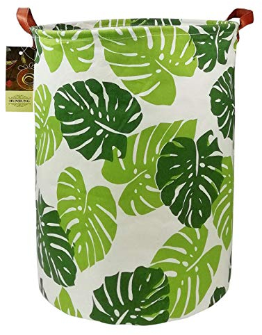 HUNRUNG Wäscherei Hamper,Large Canvas Fabric Lightweight Storage Basket Toy Organizer Dirty Clothes Collapsible Waterproof for College Dorms, Kinderzimmer,Badezimmer（Roud-Blatt）